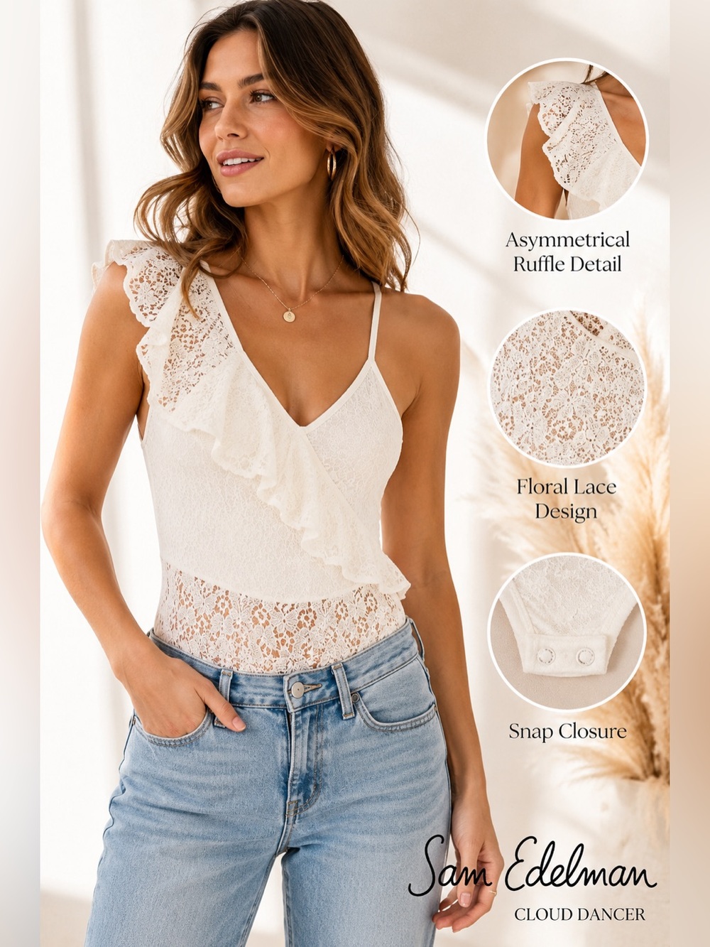 Sam Edelman Cloud Dancer Lace Ruffle Bodysuit NWT Medium Ivory Asymmetrical